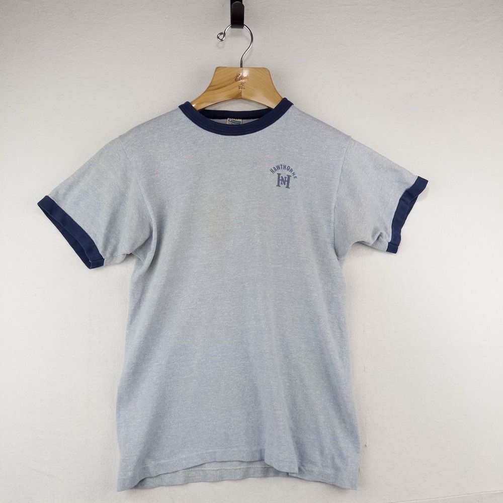 70's Vtg Champion Nathaniel Hawthorne College Ringer T-Shirt Men's M *Distressed